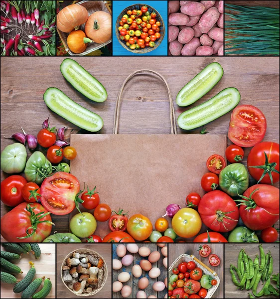 Penjualan sayuran. Sebuah kolase dengan paket untuk pembelian dan fo — Stok Foto