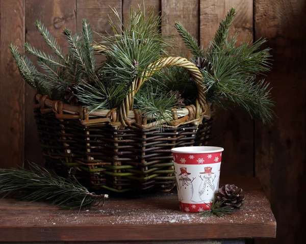 Nature morte hivernale avec branches de sapin et de pin . — Photo