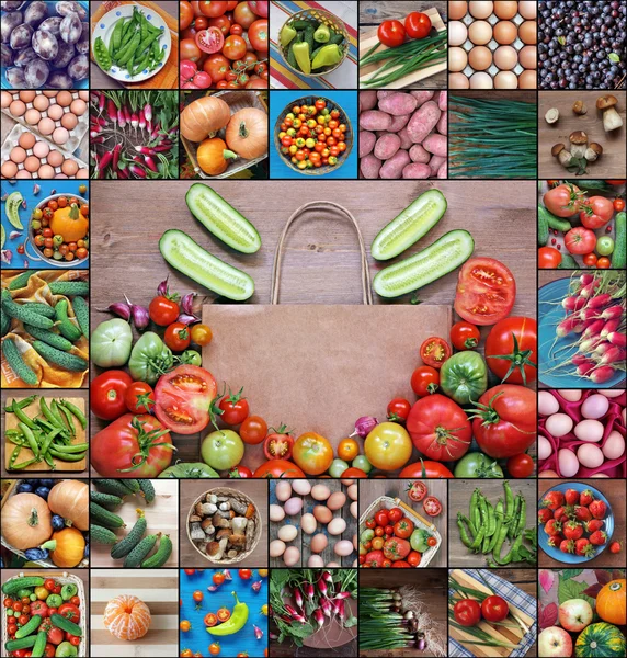 Sprzedaż warzyw. Kolaż z pakietu w celu zakupu i żywności. — Zdjęcie stockowe