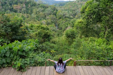 Kamboçya orman doğasının önünde oturan kişi.