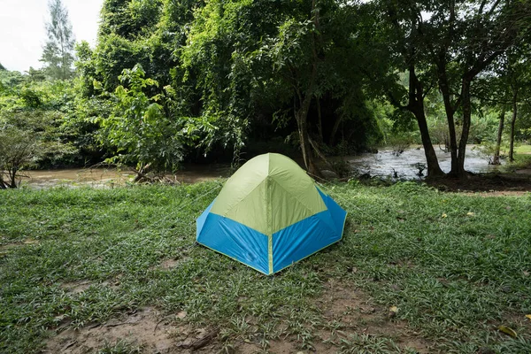 Camping Tent Green Grass Field Cloudy Sky — Stock Photo, Image