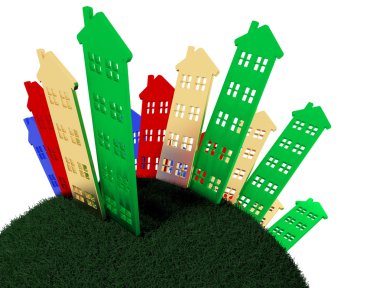 Grup yuvarlak dünya üzerinde duran evlerin