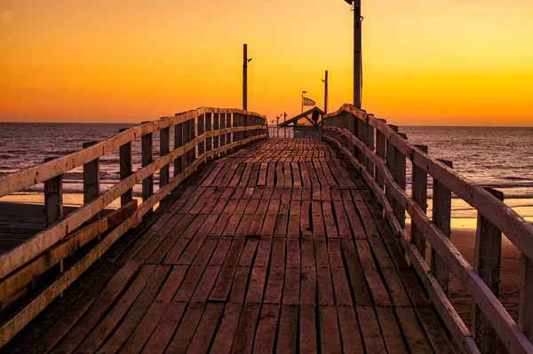 Alba Vecchio Molo Legno Sulla Spiaggia Lucila Buenos Aires — Foto Stock