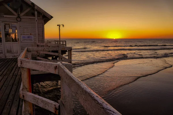 Soluppgång Från Gammal Träbrygga Stranden Lucila Buenos Aires — Stockfoto