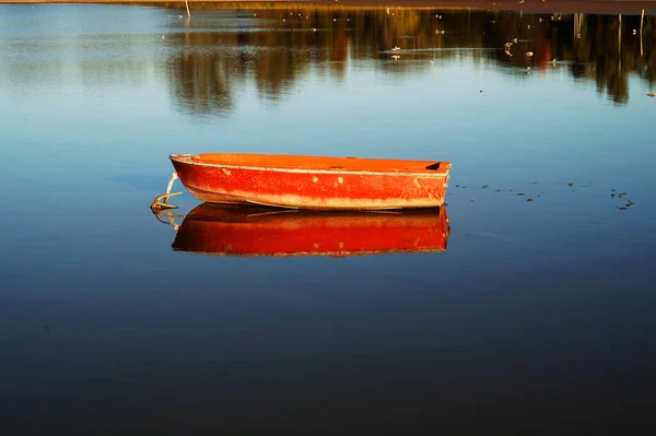 Red Old Wood Boat Floating Lobos Lake Buenos Aires Argentina — Stock Photo, Image