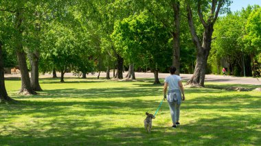 Eva Peron parkında küçük bir köpeği gezdiren genç bir kadın. Ilık bir bahar sabahı çekildi