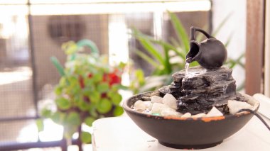 Sıcak bir yaz sabahı birkaç yeşil bitkinin yanındaki dekoratif bir zen çeşmesinin yakın görüntüsü.