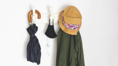  things you need if you are going outside in the new normal because of covid-19. Hanging from a coat rack an umbrella, a coat, face masks and headphones. Over a white wall clipart