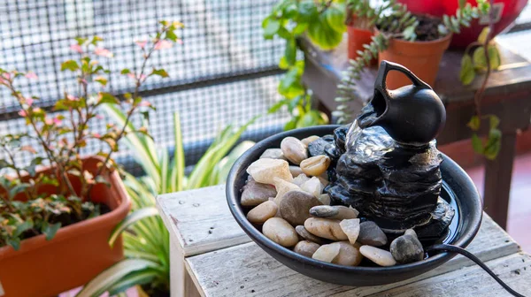 Close View Decorative Zen Water Fountain Next Few Green Plants — 스톡 사진