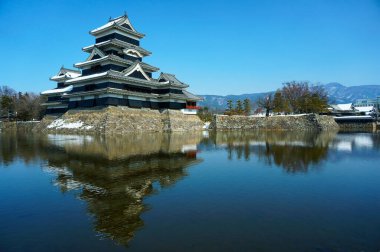 Mavi bulutsuz gökyüzünün altında, nehrin üzerindeki Japon kalesi. Sudaki eski Asya binası yansıması