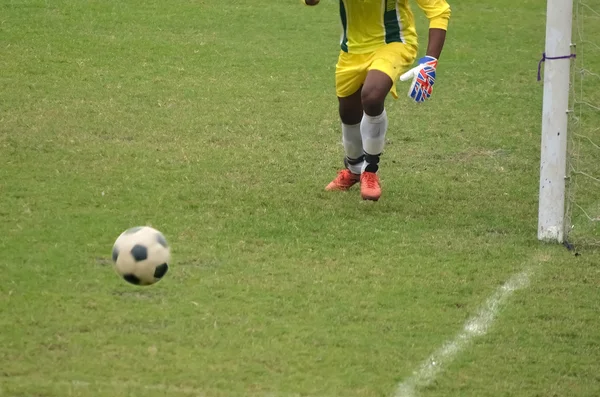 Soccer goalkeeper catching ball — Stock Photo, Image