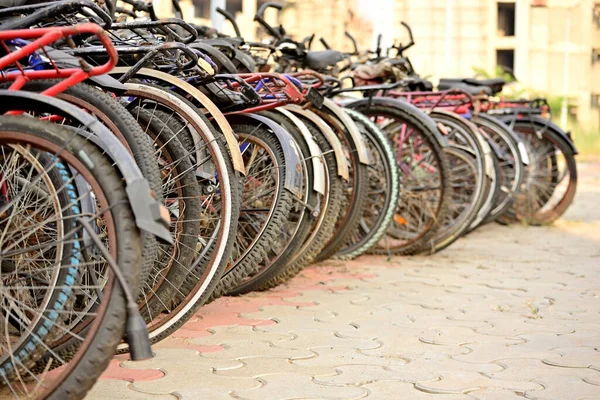 Row Row Bicycles Parked Road View Back Wheels Tires Road — Stock Photo, Image