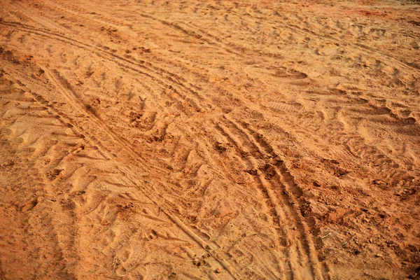 Tire Tracks Print Dirty Red Soil Wheel Marks Truck Soil — Stock Photo, Image