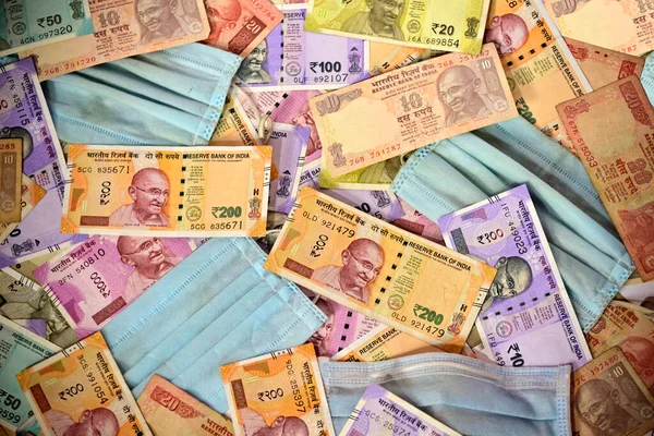 Máscara Protectora Moneda Papel India Como Fondo —  Fotos de Stock