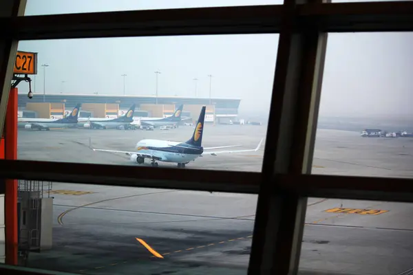 Дели Индия Декабря 2014 Вид Пассажирский Самолет Реактивных Самолетов Через — стоковое фото
