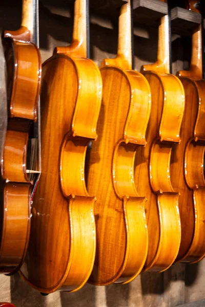 Many violins are hanging in a musical shop for ready to sell