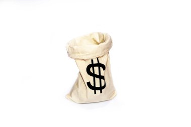 Dolar işaretinin yakın plan görüntüsü: Jüt çuvalı beyaz arkaplanda izole edildi.