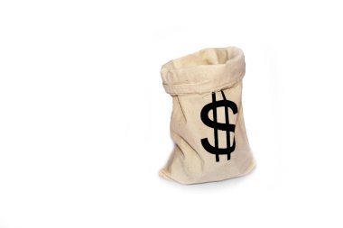 Dolar işaretinin yakın plan görüntüsü: Jüt çuvalı beyaz arkaplanda izole edildi.