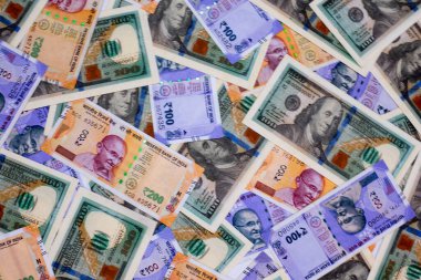 100 dolarlık Amerikan banknotları ve Hint banknotları..