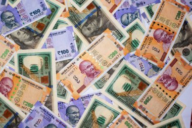 100 dolarlık Amerikan banknotları ve Hint banknotları..