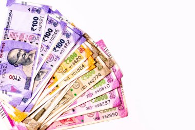 Çeşitli Hint rupileri beyaz arka planda izole edilmiş kağıt para birimi banknotu.