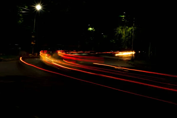 Car Light Trails City Street Dark Black Night Photo Taken Stock Photo