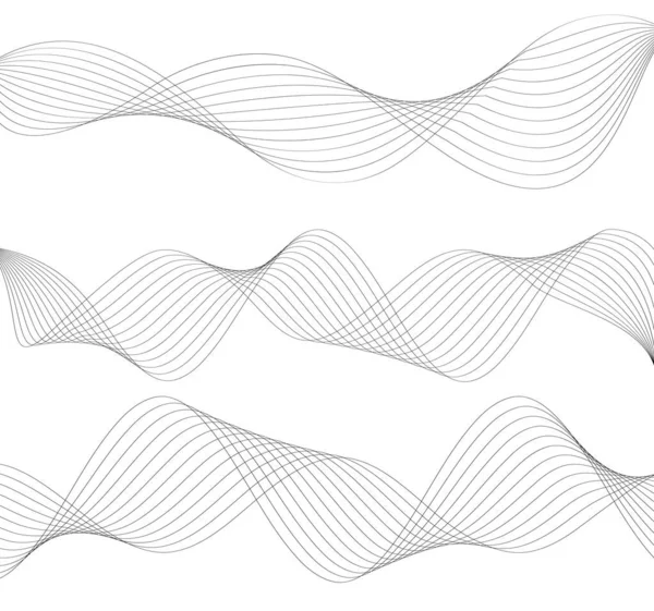 デザイン要素 多くの灰色の線の波 白い背景に波状の縞が孤立している 創造的なラインアート ベクトルイラストEps ブレンドツールを使用して作成された行と色鮮やかな光沢のある波 — ストックベクタ