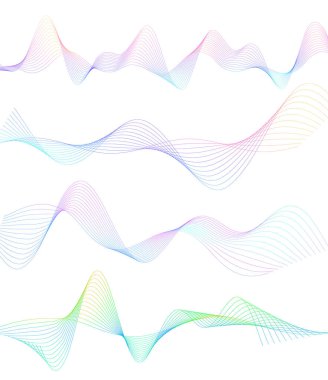 Renkli çizgilerin dalgası. Beyaz arka planda soyut dalgalı çizgiler izole edilmiş. Yaratıcı çizgi sanatı. Vektör illüstrasyon EPS 10. Karıştırma Aracı kullanılarak dizayn ögeleri oluşturuldu. Eğik düz bant