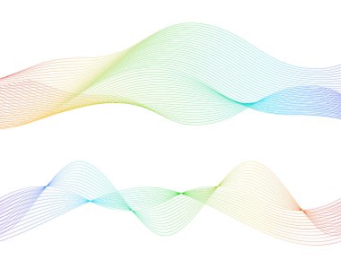Renkli çizgilerin dalgası. Beyaz arka planda soyut dalgalı çizgiler izole edilmiş. Yaratıcı çizgi sanatı. Vektör illüstrasyon EPS 10. Karıştırma Aracı kullanılarak dizayn ögeleri oluşturuldu. Eğik düz bant