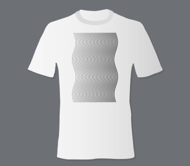Gerçekçi tişört, siyah arkaplan üzerinde soyut geometrik monohrome desenleri ile taklit edilir.