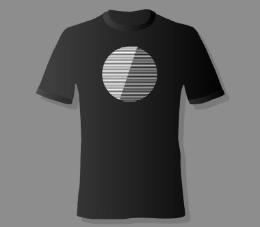 Gerçekçi tişört, siyah arkaplan üzerinde soyut geometrik monohrome desenleri ile taklit edilir.