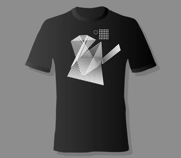 用黑色底色印刷抽象几何单色图案的真实感T恤衫 — 图库矢量图片