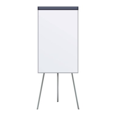Beyaz arkaplanda tripodun üzerindeki boş flip çizelgesi. Ofis Whiteboard İş Eğitimi Ofisi