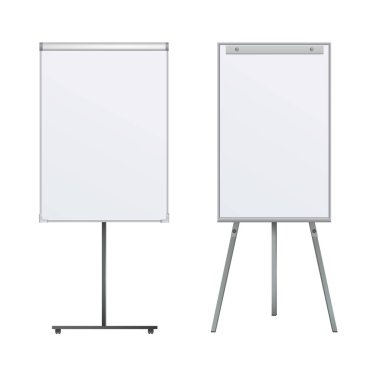 Beyaz arkaplanda tripodun üzerindeki boş flip çizelgesi. Ofis Whiteboard İş Eğitimi Ofisi