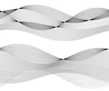 Tasarım elemanları. Bir sürü gri çizgi dalgası. Beyaz arkaplanda soyut dalgalı çizgiler izole edildi