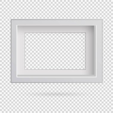 Şeffaf arkaplanda gölgesi olan dikdörtgen resim çerçeve tasarımı ögesi sunumu. Üç boyutlu pano duvarı izole edilmiş. Fotoğraf, resim ve metin için vektör illüstrasyonu EPS 10