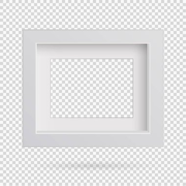 Şeffaf arkaplanda gölgesi olan dikdörtgen resim çerçeve tasarımı ögesi sunumu. Üç boyutlu pano duvarı izole edilmiş. Fotoğraf, resim ve metin için vektör illüstrasyonu EPS 10