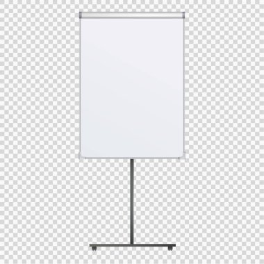 Beyaz arkaplanda tripodun üzerindeki boş flip çizelgesi. Ofis Whiteboard İş Eğitimi Ofisi. İzole EPS 10 tasviri. Pano Banner Stand 3d tanıtım sunumu