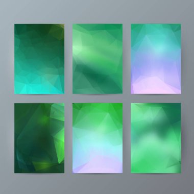 İş şablonları sunumu. Kolay düzenlenebilir EPS 10 düzeni. Işıldayan üçgen ile 6 tasarım broşür seti yeşil arka plan olay parti broşürü üzerinde kristal kafes etkisi