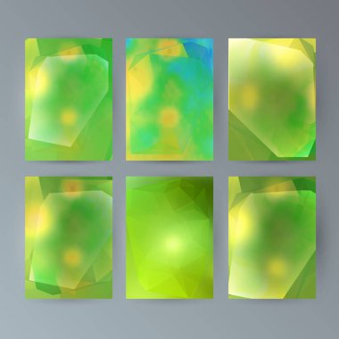 İş şablonları sunumu. Kolay düzenlenebilir EPS 10 düzeni. Işıldayan üçgen ile 6 tasarım broşür seti yeşil arka plan olay parti broşürü üzerinde kristal kafes etkisi