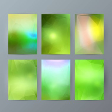 İş şablonları sunumu. Kolay düzenlenebilir EPS 10 düzeni. Işıldayan üçgen ile 6 tasarım broşür seti yeşil arka plan olay parti broşürü üzerinde kristal kafes etkisi