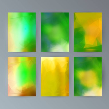 İş şablonları sunumu. Kolay düzenlenebilir EPS 10 düzeni. Işıldayan üçgen ile 6 tasarım broşür seti yeşil arka plan olay parti broşürü üzerinde kristal kafes etkisi