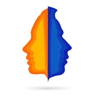 Erkek ve kadın psikolojisi kavramı. Kafası olan bir adamın siluet profili yin ve yang 'ın insan doğasının iki elementini birleştiriyor. Psikolojik sayfa kapağı için Vector EPS 10, dergi