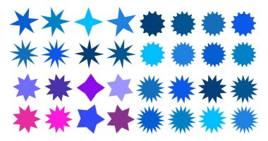 Set of vector starburst, sunburst badges. Collection blue different gradient color. Simple style Vintage labels. Design elements. Colored stickers. Vector illustration eps10 of types and colors icon clipart