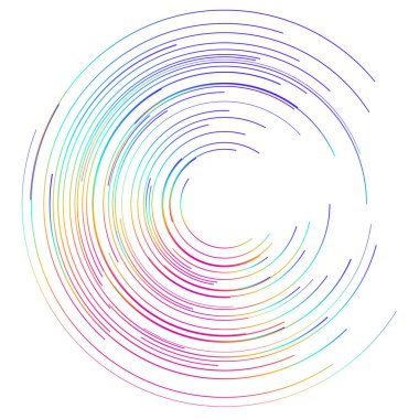 Renk tasarım elemanları. Bir sürü viraj aldım. Beyaz arka plandaki soyut dairesel logo elemanı izole edildi. Yaratıcı grup sanatı. Vektör illüstrasyon EPS 10. Yeni ürün tanıtımı için dijital