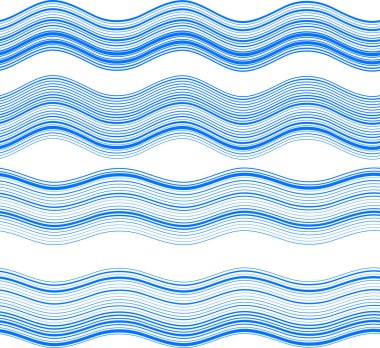 Tasarım elemanları. Bir sürü mavi çizgi dalgası. Beyaz arka planda soyut dalgalı çizgiler izole edildi. Yaratıcı çizgi sanatı. Vektör illüstrasyon EPS 10. Harman kullanarak oluşturulan çizgilerle renkli parlak dalgalar