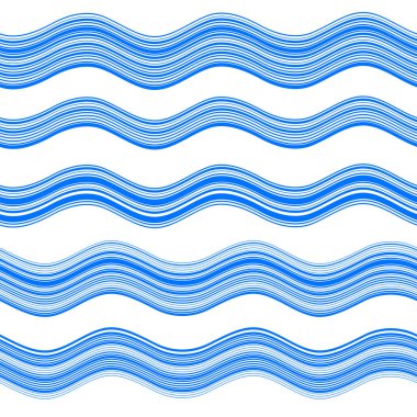 Tasarım elemanları. Bir sürü mavi çizgi dalgası. Beyaz arka planda soyut dalgalı çizgiler izole edildi. Yaratıcı çizgi sanatı. Vektör illüstrasyon EPS 10. Harman kullanarak oluşturulan çizgilerle renkli parlak dalgalar