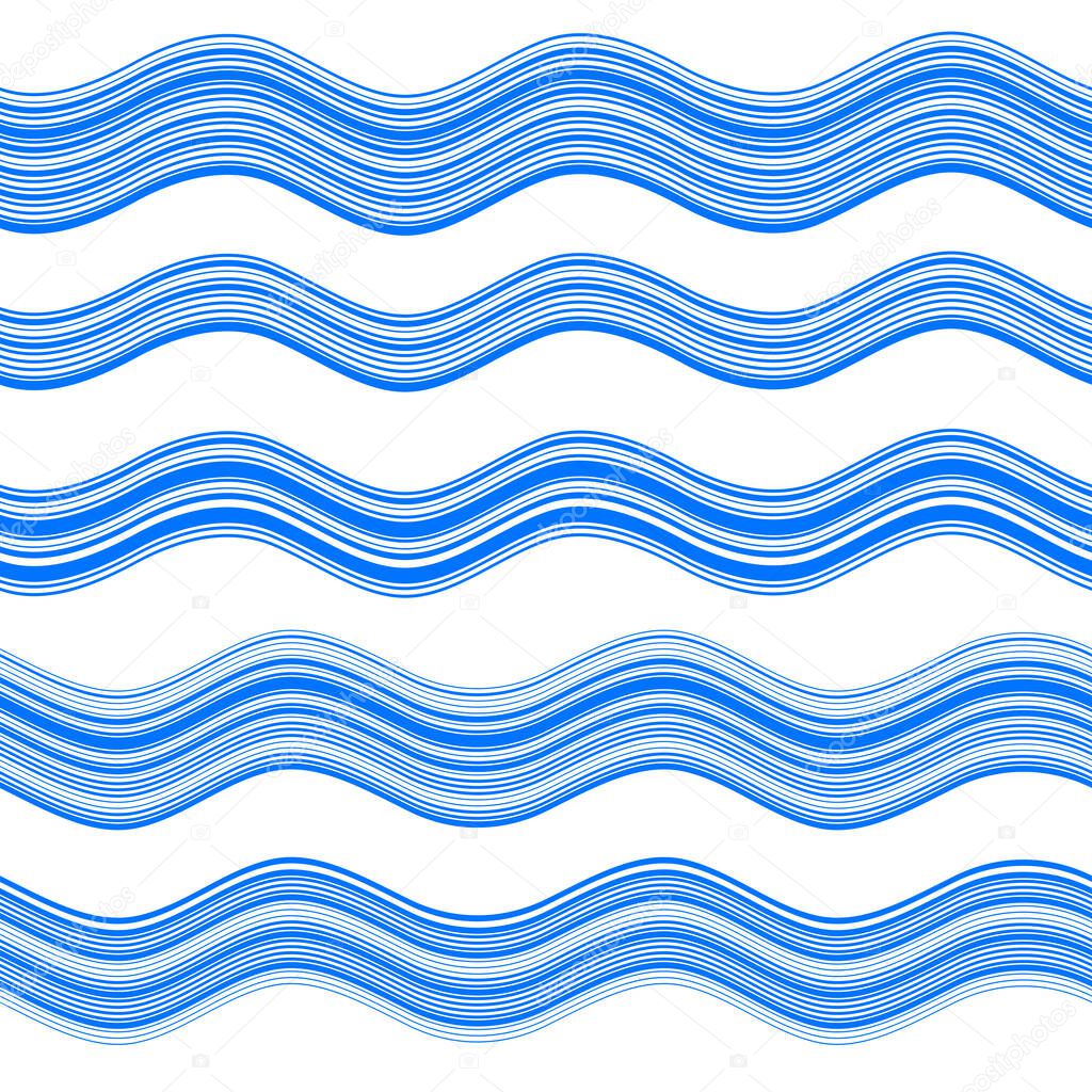 Design elements. Wave of many blue lines. Abstract wavy stripes on white background isolated. Creative line art. Vector illustration EPS 10. Colourful shiny waves with lines created using Blend