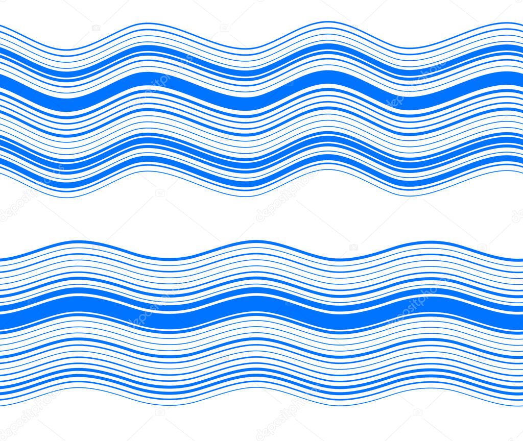 Design elements. Wave of many blue lines. Abstract wavy stripes on white background isolated. Creative line art. Vector illustration EPS 10. Colourful shiny waves with lines created using Blend