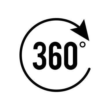 Açı 360 derece işaret simgesi. Geometri matematik sembolü. Tam yol ileri. Tasarım elemanları. Bir sürü viraj aldım. Beyaz arka plandaki soyut dairesel logo elemanı izole edildi. Vektör illüstrasyonu EPS 10